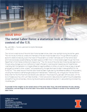 blue and white pdf page with title "issue brief: the artist labor force: a statistical look at Illinois in context of the U.S."