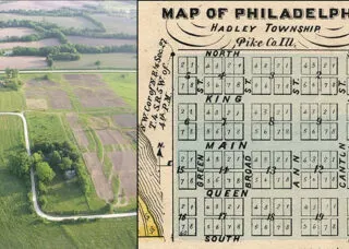 Aerial view of New Philadelphia site (2005) and map from 1872