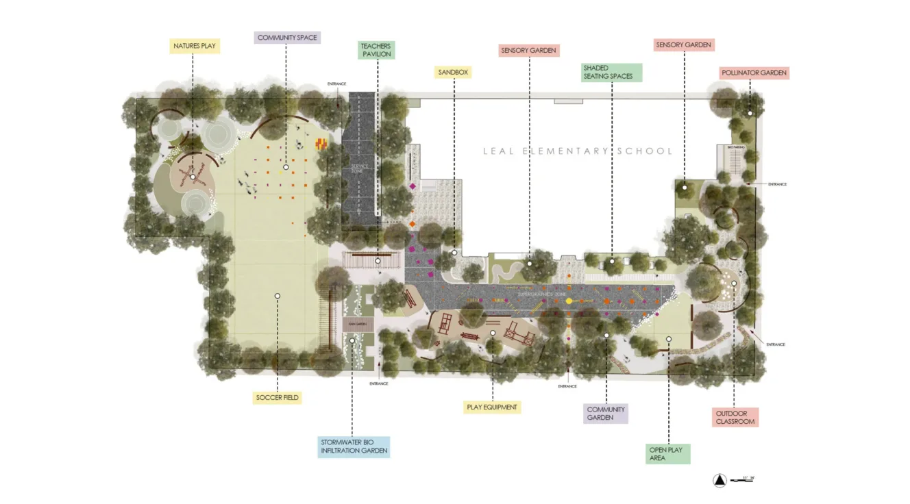 Proposed plan for Leal Elementary School playground redesign by LA 434 students