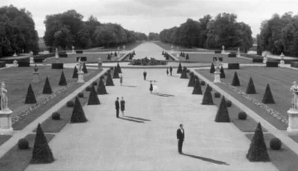 Black and white image of formal garden path from Last Year at Marienbad