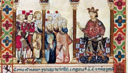 Drawing of a ruler with people kneeling