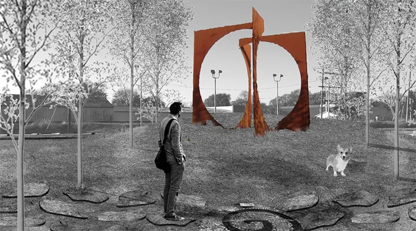 Drawing of a person looking at a large corten steel sculpture displayed within a stand of small trees, with a corgi at the right side looking at the viewer.