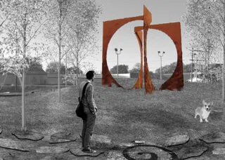 Drawing of a person looking at a large corten steel sculpture displayed within a stand of small trees, with a corgi at the right side looking at the viewer.