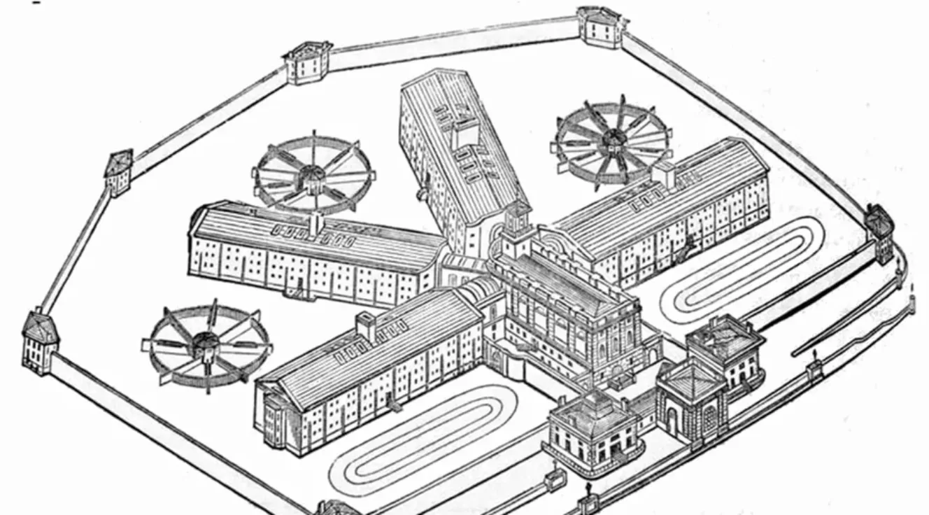 Bird's-eye view of Pentonville Prison, London, England (1862)