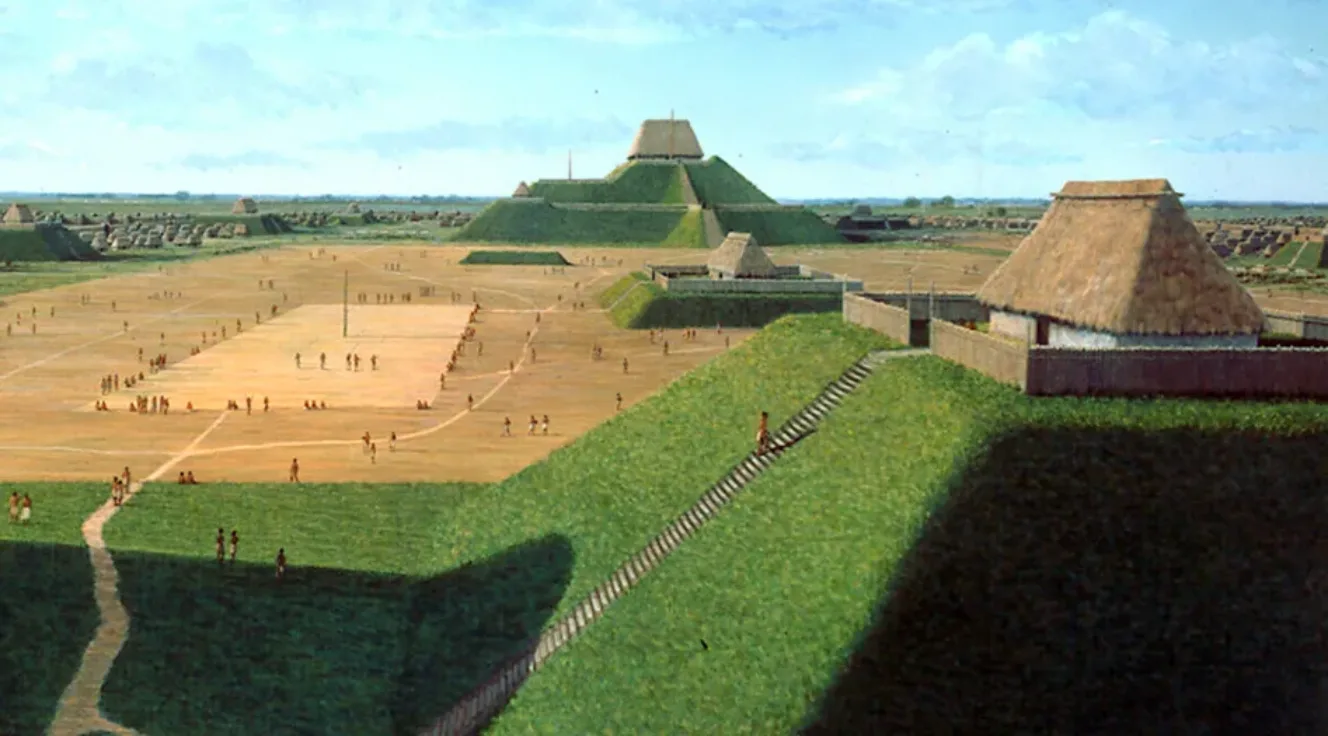 Detail of a mural painting by Lloyd Townsend representing Cahokia