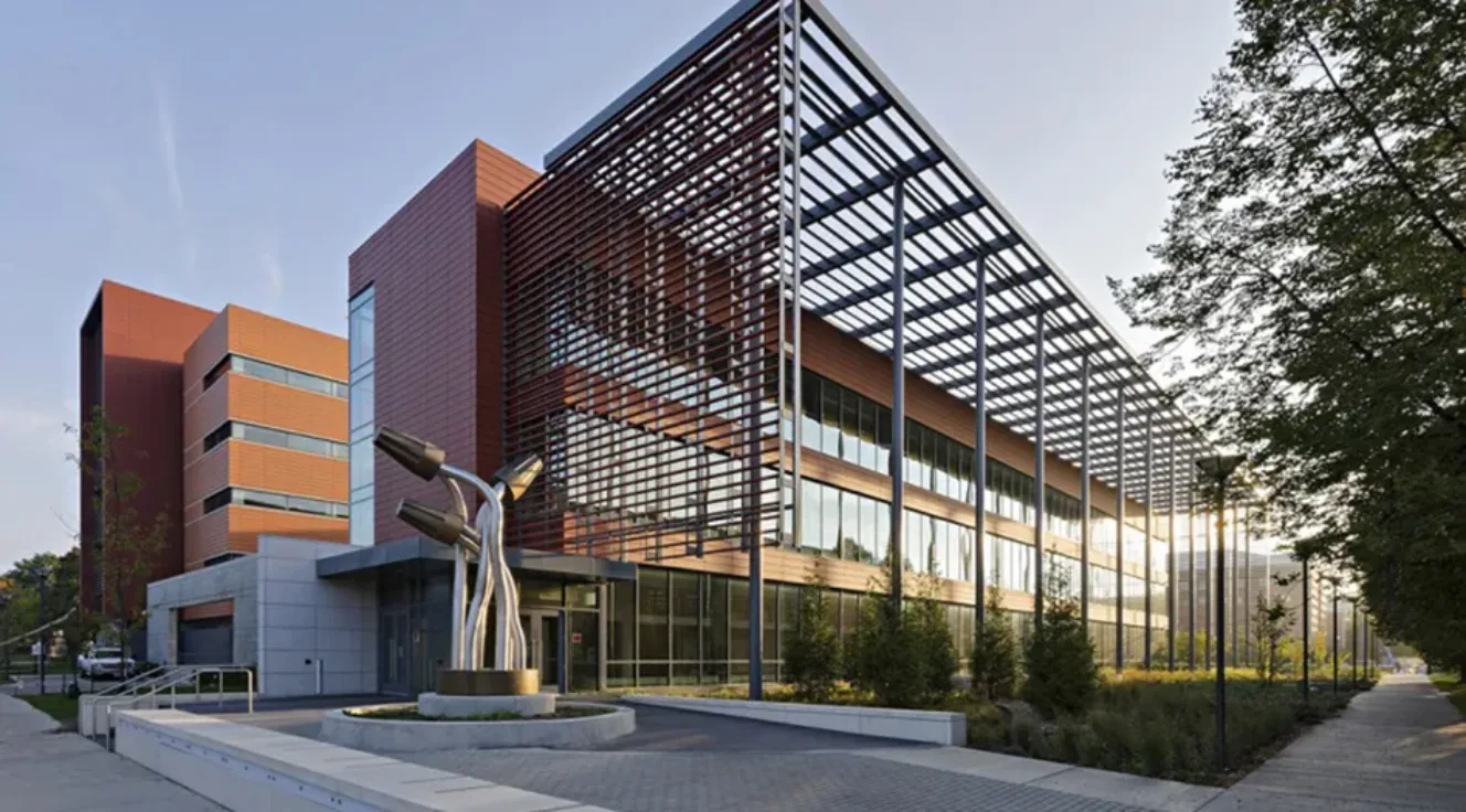 View of the southwest corner of the ESE building and landscape at the University of Illinois