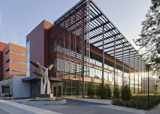 View of the southwest corner of the ESE building and landscape at the University of Illinois