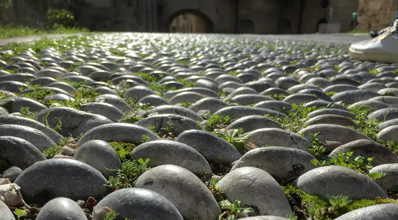 Cobblestone street paving in Rhodes, Greece