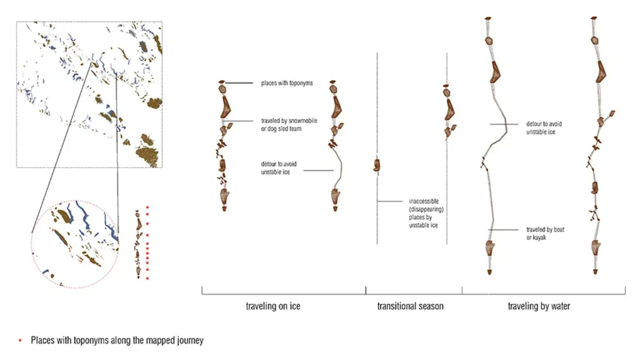 Drawing representing "Visualization of inaccessible "places" / b. Inuit tactile map," from Yini Chen's MLA thesis, "Climate Change, Technology, and Toponymy in the Cultural Landscape of Nunavut" (2017)