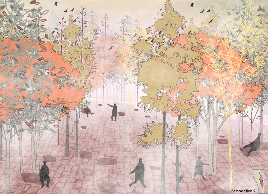 View of Moisture Forest, by Orchid Li, UIUC Research Park, LA 533: Planning & Design Studio I (Fall 2021)