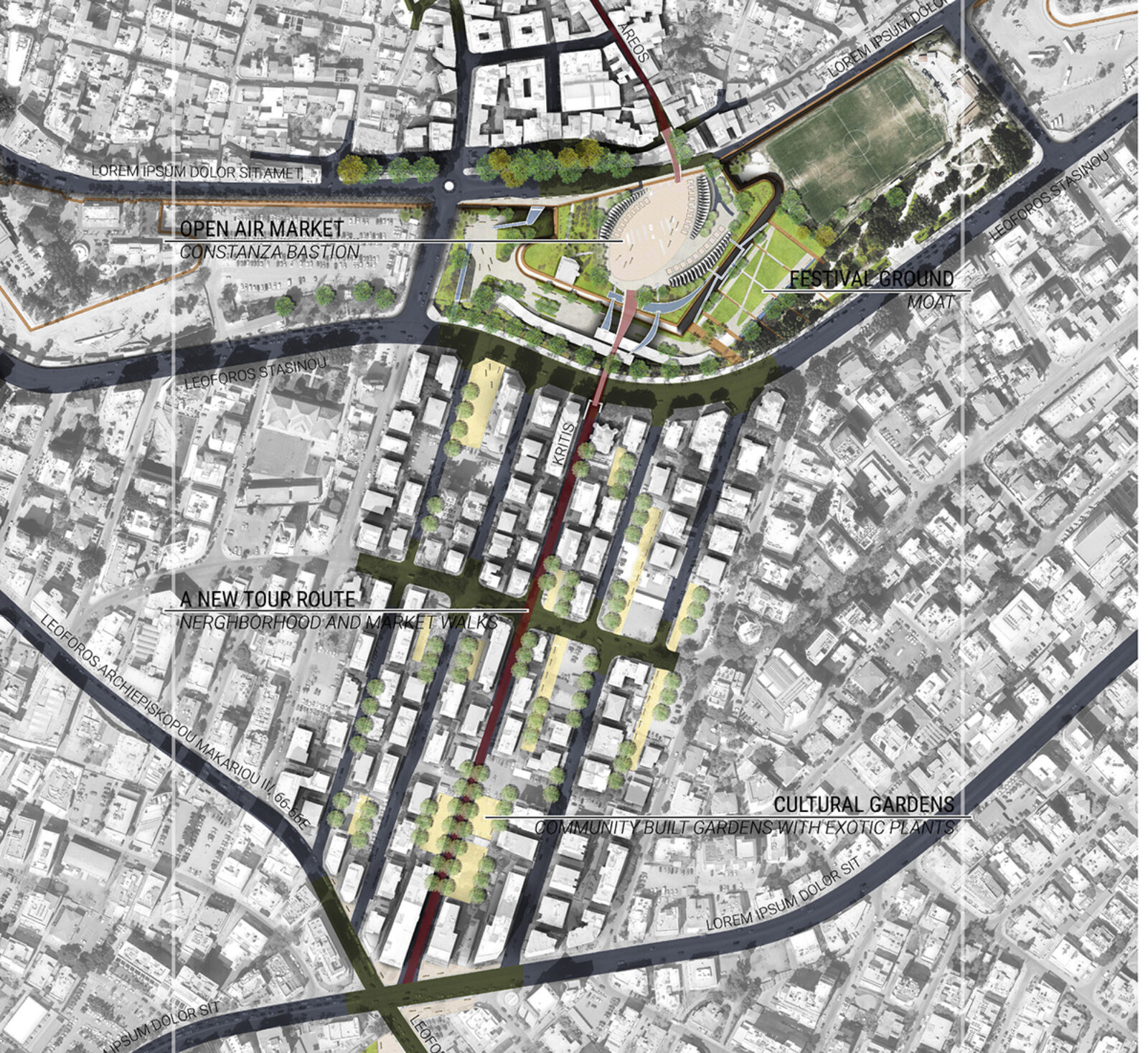 Plan by Mark Shen, “Nicosia--A City of Multiculturalism,” LA 539 Design Workshop G-II: Rupture/Flow> Nicosia/Cyprus (Sears) (Spring 2019)