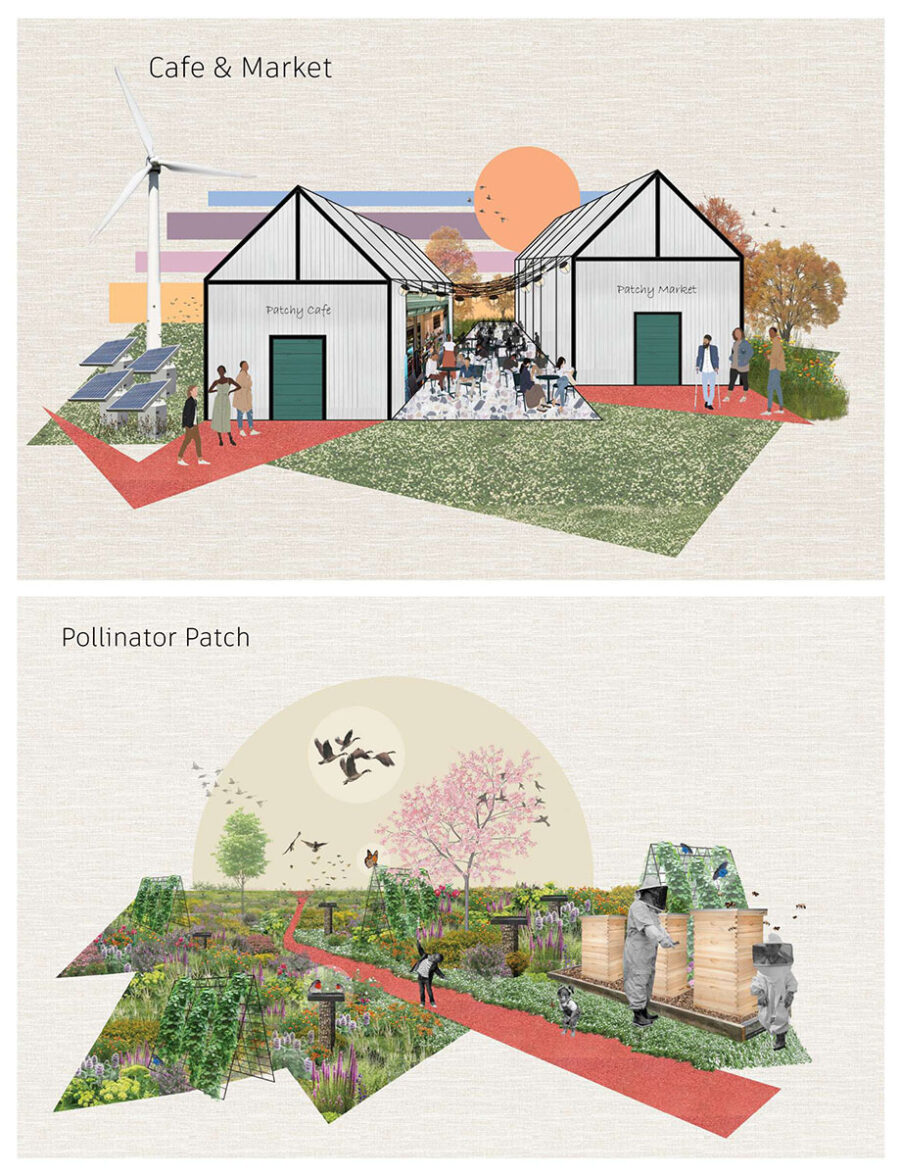 Views of Cafe & Market and Pollinator Patch in Patchy Farm by Grace Burkard