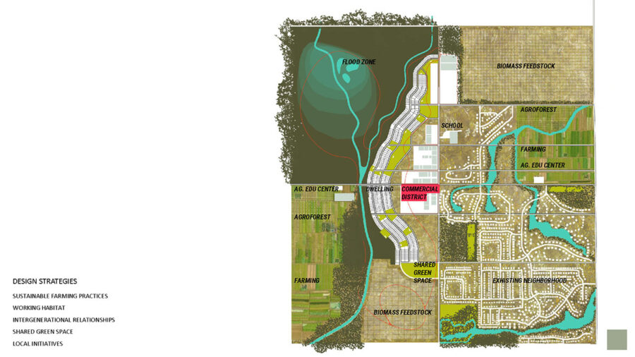 Plan showing distribution of design strategies in Sophia Dennis project 