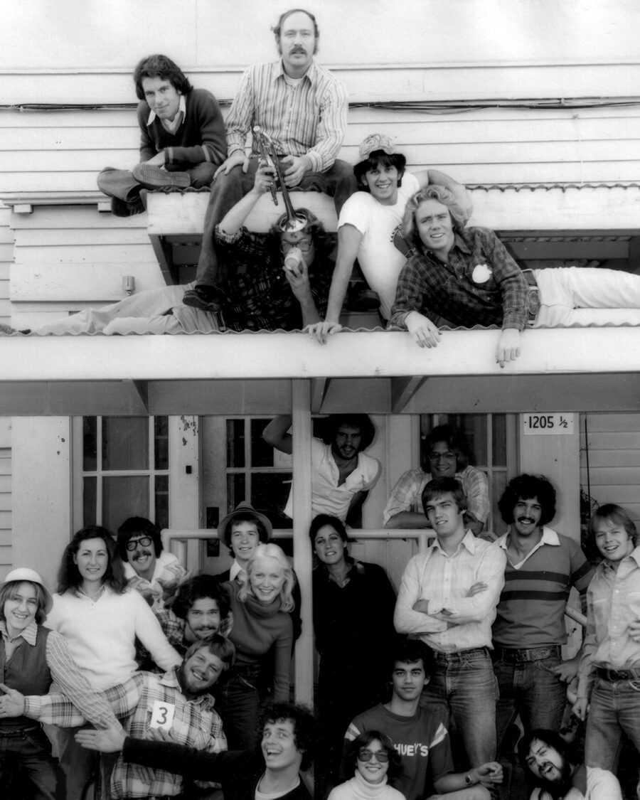Photo of graduating seniors assembled in front of 1205 ½ W. Nevada St. (1979)