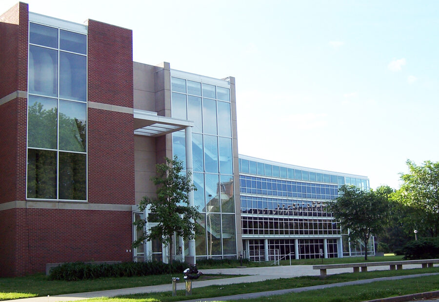Photo of newly completed Temple Buell Hall (1995) seen from west