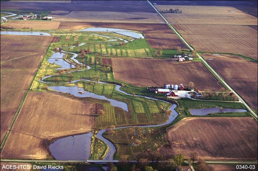 Aerial photo of constructed wetland by Professor Dave Kovacic, near Villa Grove, IL.