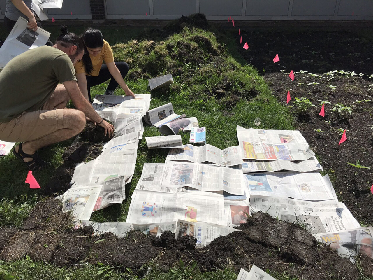 Photographic view of students installing Mather Celebration Garden