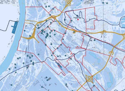 City of East St. Louis with Topographic Wetness areas.