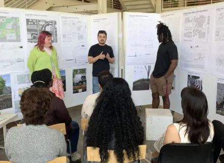 Three students presenting work at final review for LA 281 Design Communications II (Spring 2025)
