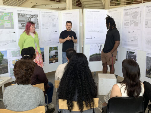 Three students presenting work at final review for LA 281 Design Communications II (Spring 2025)