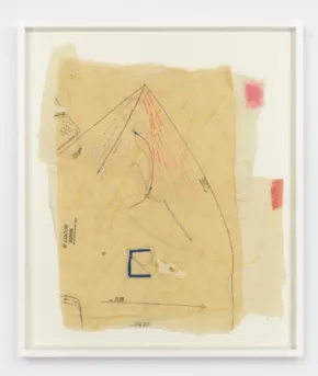 Ronny Quevedo, my mother’s hand, in collaboration with Noemi Quevedo, 2017. Pattern paper, thread, and wax on unstretched muslin. 47-7/8 × 20-5/8 inches (framed). Courtesy of the artist. © Ronny Quevedo.