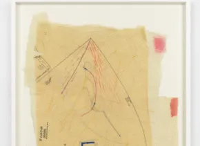 Ronny Quevedo, my mother’s hand, in collaboration with Noemi Quevedo, 2017. Pattern paper, thread, and wax on unstretched muslin. 47-7/8 × 20-5/8 inches (framed). Courtesy of the artist. © Ronny Quevedo.