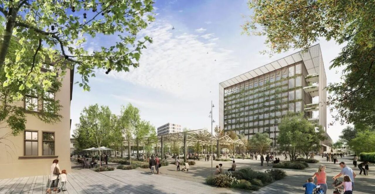 Project: Roca City, Gavà Viladecans. Batlleiroig. Image © SBDA. Render plan of the site. It has buildings and a lot of trees and how people using the space.