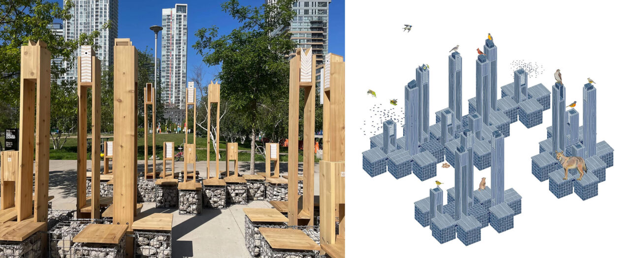 Photographic view and concept diagram of project Multispecies Lounge (Toronto, Canada, 2023)