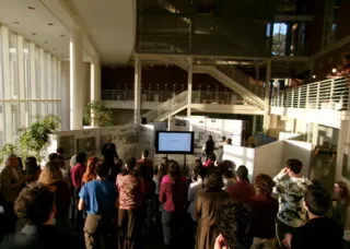 Final public presentations in the Blicharski Atrium of Temple Buell Hall.