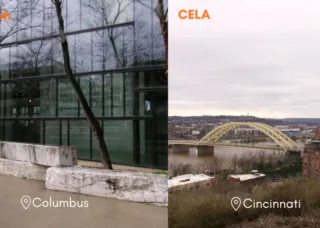 Left image is Ohio State University and right image is overlook of Daniel Carter Beard Bridge