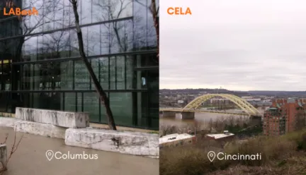 Left image is Ohio State University and right image is overlook of Daniel Carter Beard Bridge