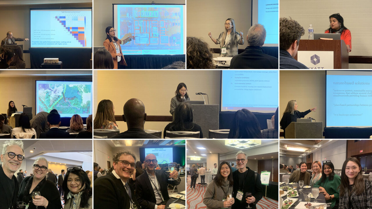 CELA conference presentations being delivered by (top row) Prof. Zhihan Tao, Prof. Fatemeh Saeidi-Rizi (Ph.D. in LA 2021), Prof. Yvonne Gu (MLA 2016, Ph.D. in LA 2020), and Prof. Nubras Samayeen (Ph.D. in LA 2024); (middle row) Anne Tong (BLA 2023), MLA candidate Yan Yang; and Ph.D. student Susan Ask; (bottom row) Illinois alumni enjoying CELA receptions and dinners.  