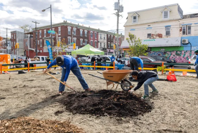 Volunteers and the LandCare team planting a pollinator garden. Courtesy of Pennsylvania Horticultural Society