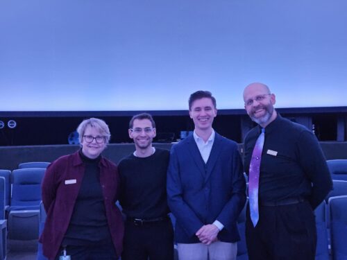 Colin Hochstetler and Hayden Mesnick pose with staff of the Staerkel Planetarium at Parkland College