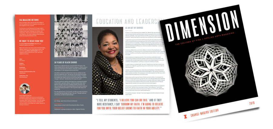Dimension magazine cover and inside cover spread from 2018
