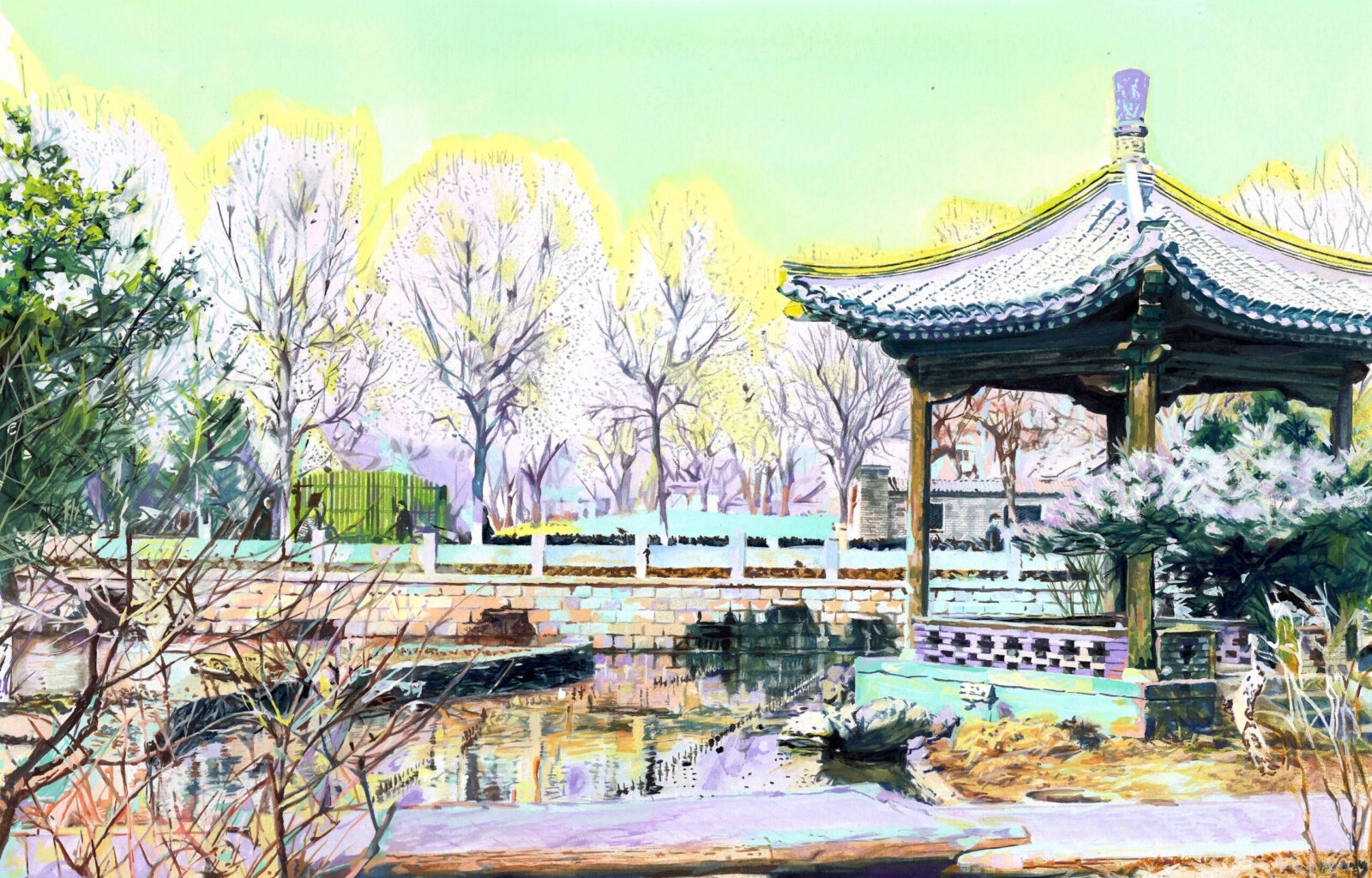 pagoda, lake, and trees in pastels