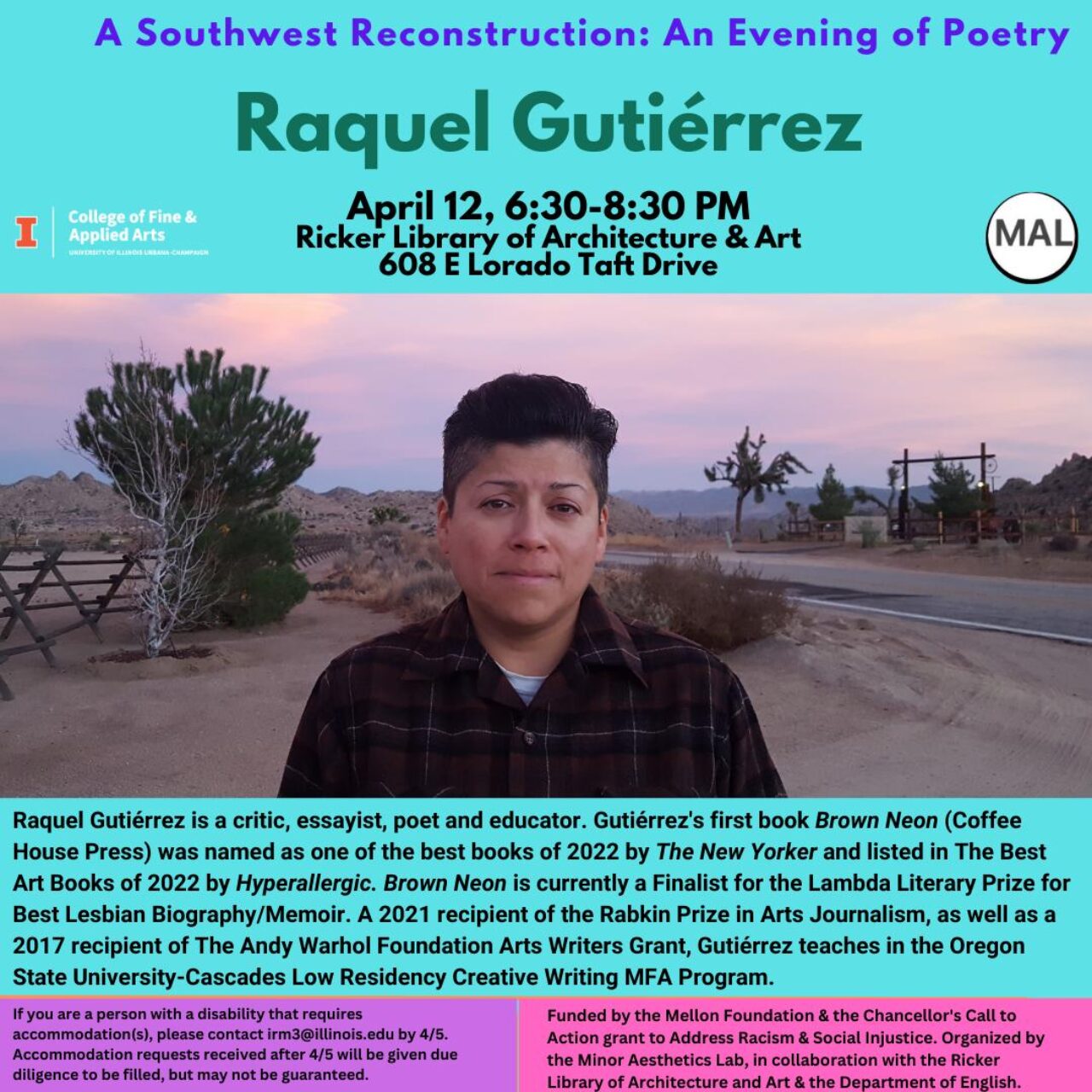 flyer with lots of text includes image of raquel wearing dark flannel shirt and stands with desert-looking scenery in the background