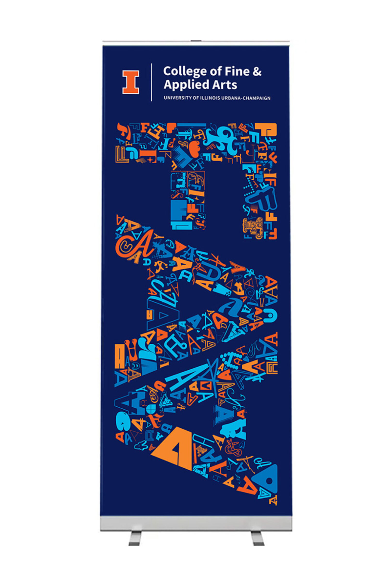 Large blue banner with letters FAA made up of those letters in different typefaces and colors