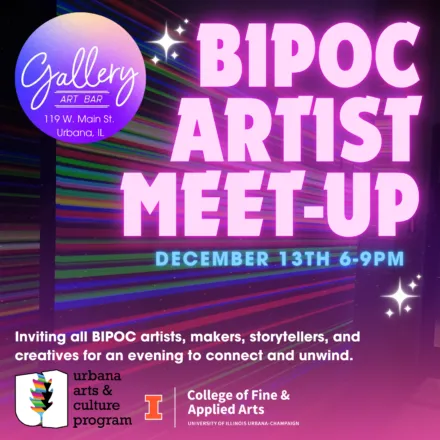 neon purple text reading "bipoc artist meet-up" with rainbow-colored stripes in the background and event details