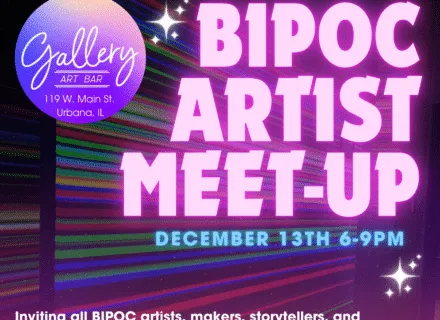 neon purple text reading "bipoc artist meet-up" with rainbow-colored stripes in the background and event details