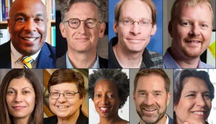 9 headshots of professors smiling