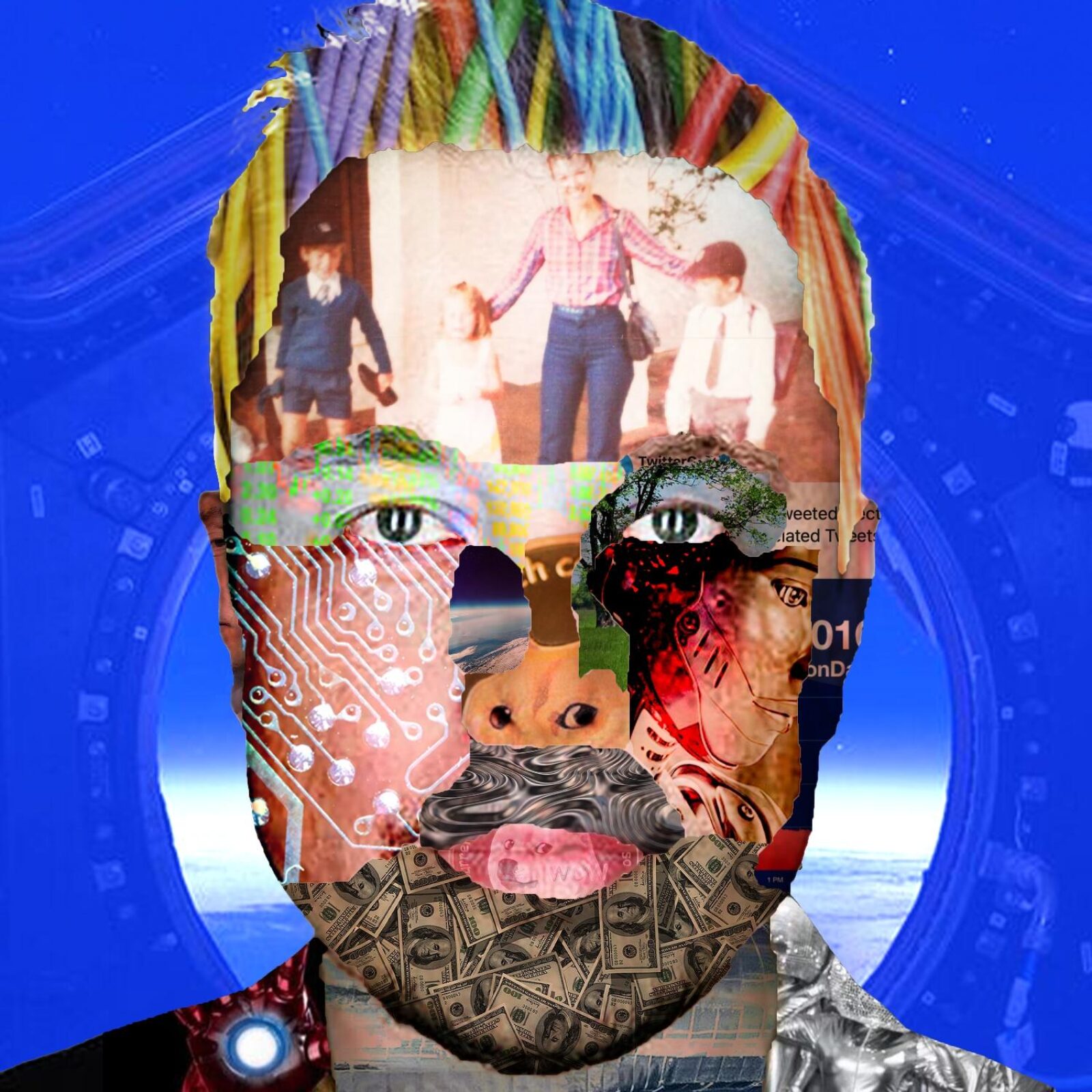 self-portrait of face divided into sections with colorful hair