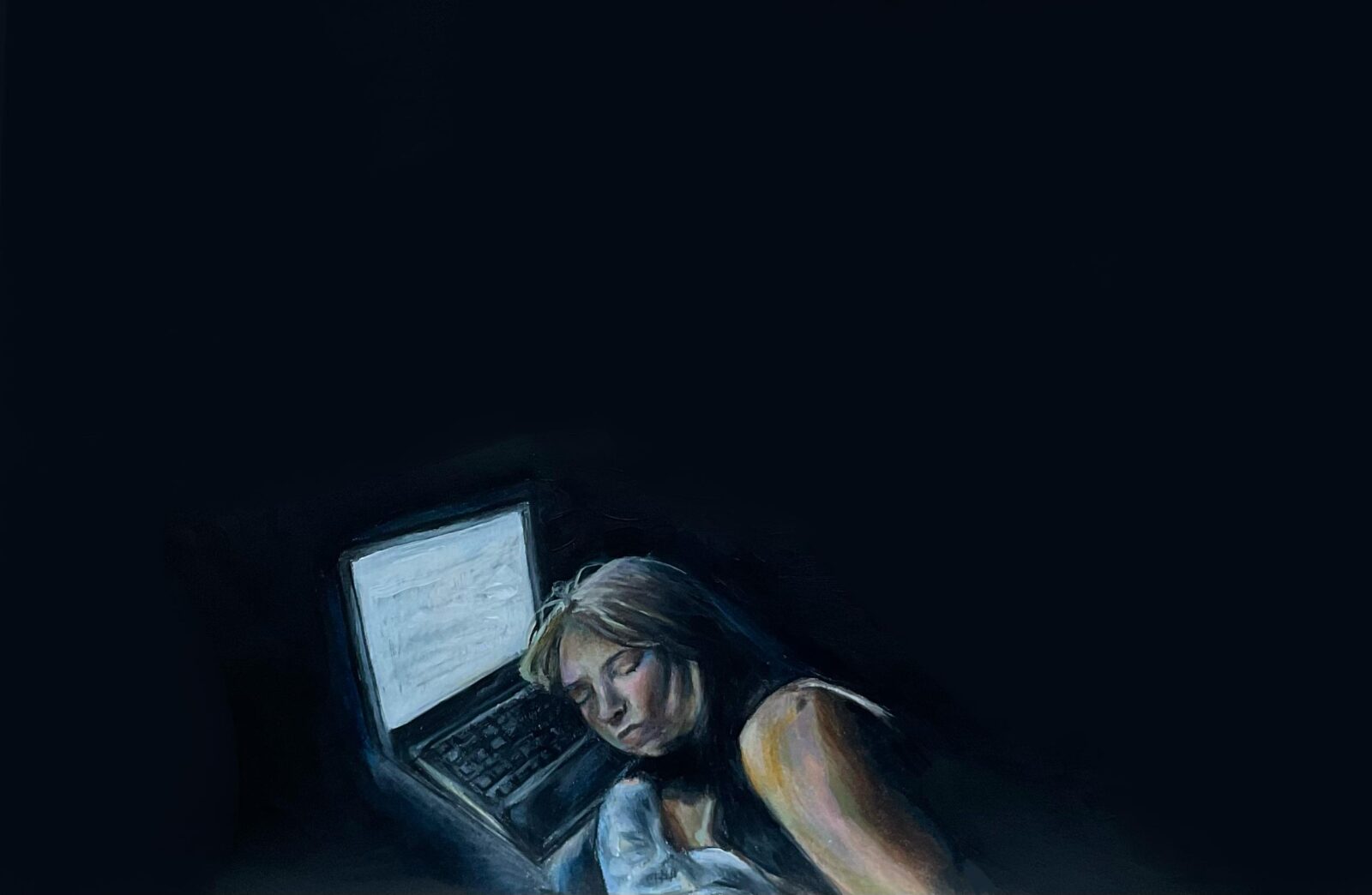 self-portrait with head on laptop on black background