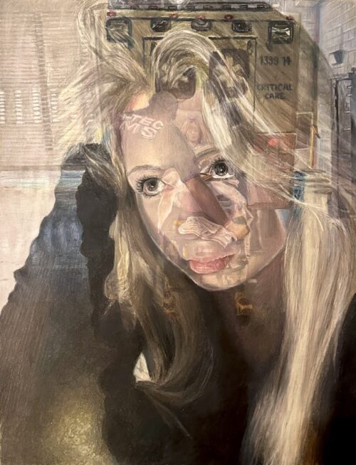 self-portrait with ambulance overlaid on face