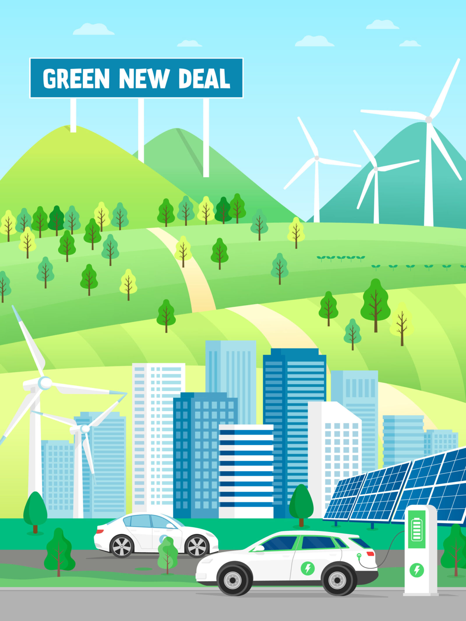 green new deal poster with wind turbines on green hills, tall buildings, and electric cars charging