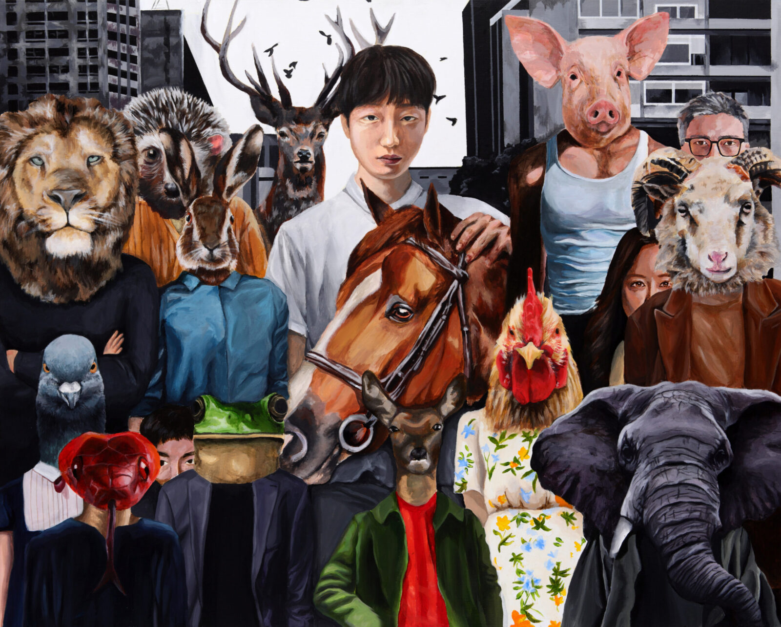 self-portrait with animals dressed in clothes