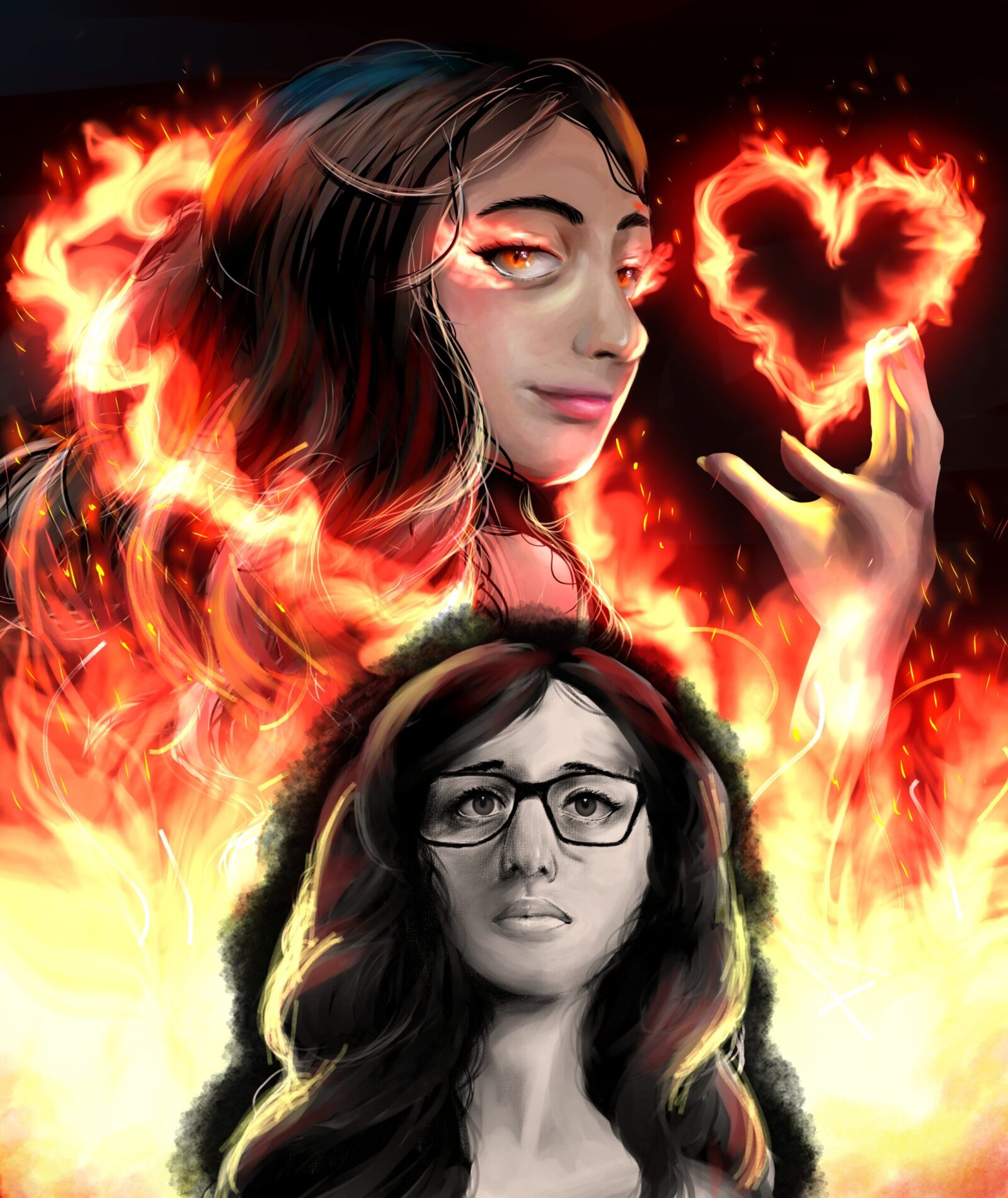 self-portrait with fire and heart
