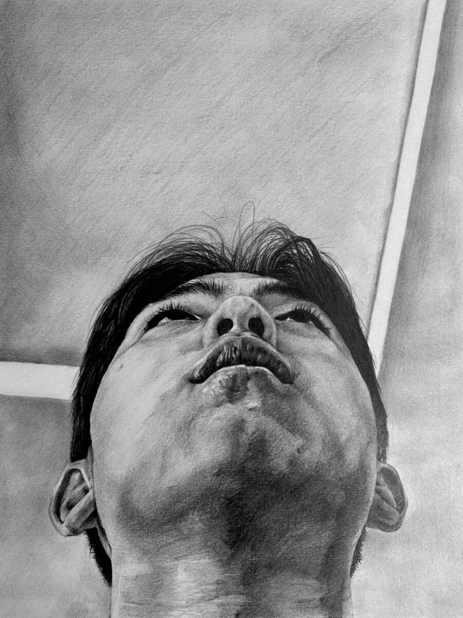 self-portrait from below in black and white