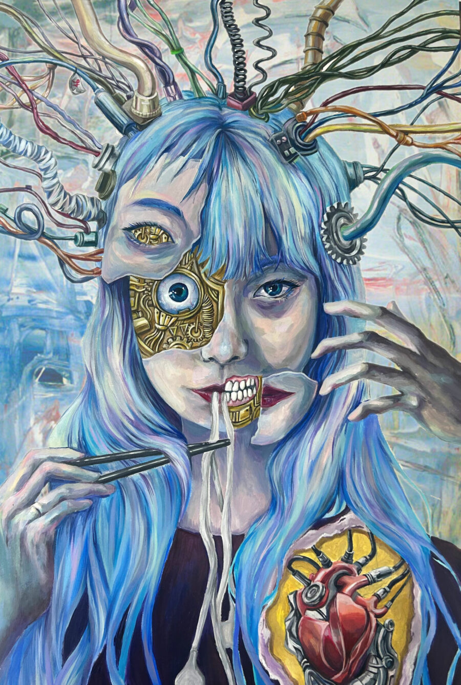 self-portrait with distorted face and blue hair