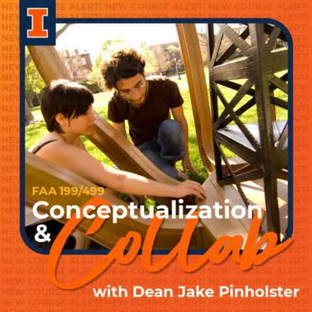 2 people working on wooden structure and graphic text and design in orange and blue